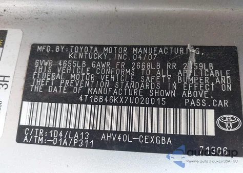 2007 Toyota Camry Hybrid z USA, uszkodzony, nr VIN 4T1BB46KX7U020015